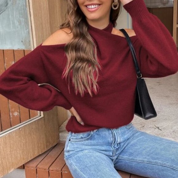 Crisscross Ruched Bishop Sleeve Sweater Burgundy - Picture 4 of 5